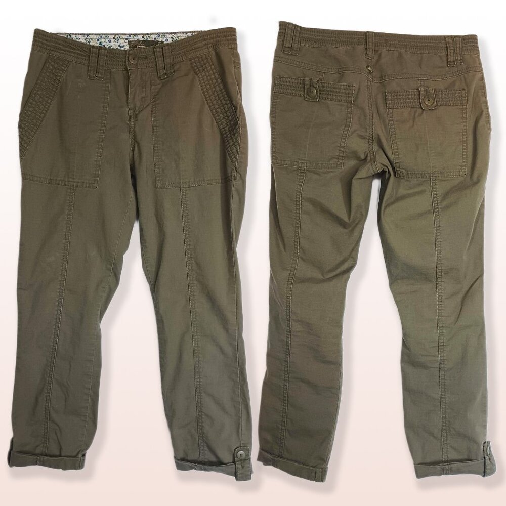 Prana Mari Capri Pants Green Jasper Roll Up Tab/Button Hem Size 0